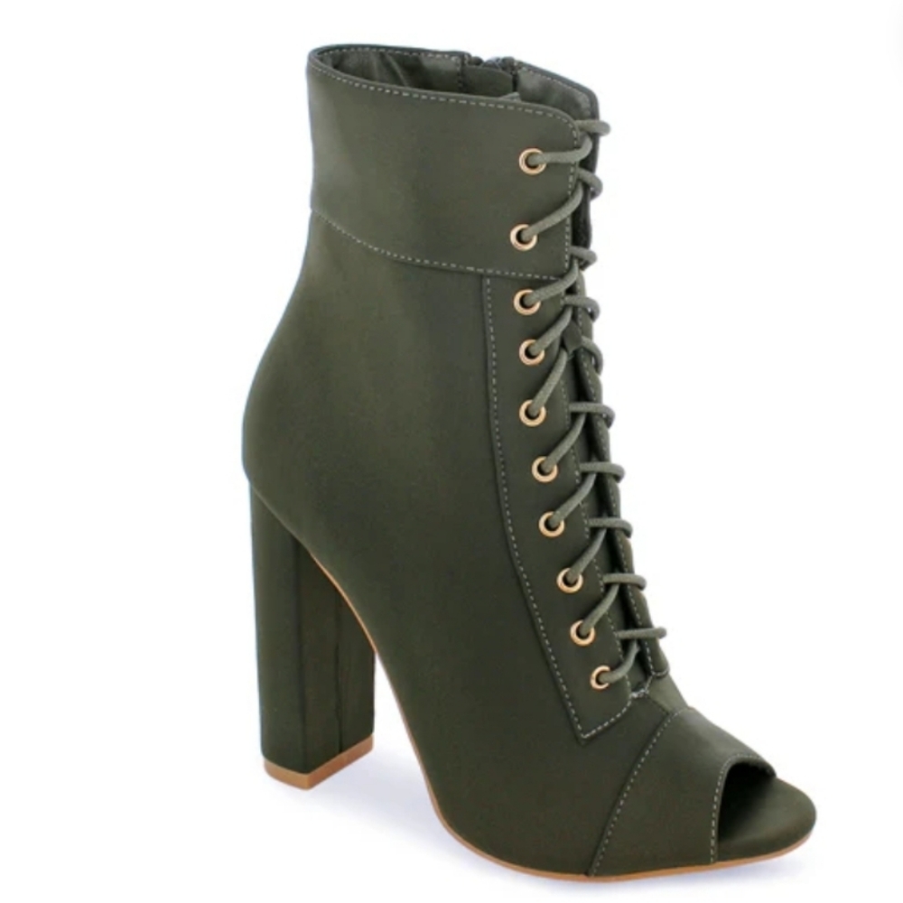 Liliana Olive Lace-Up Peep Toe Boots